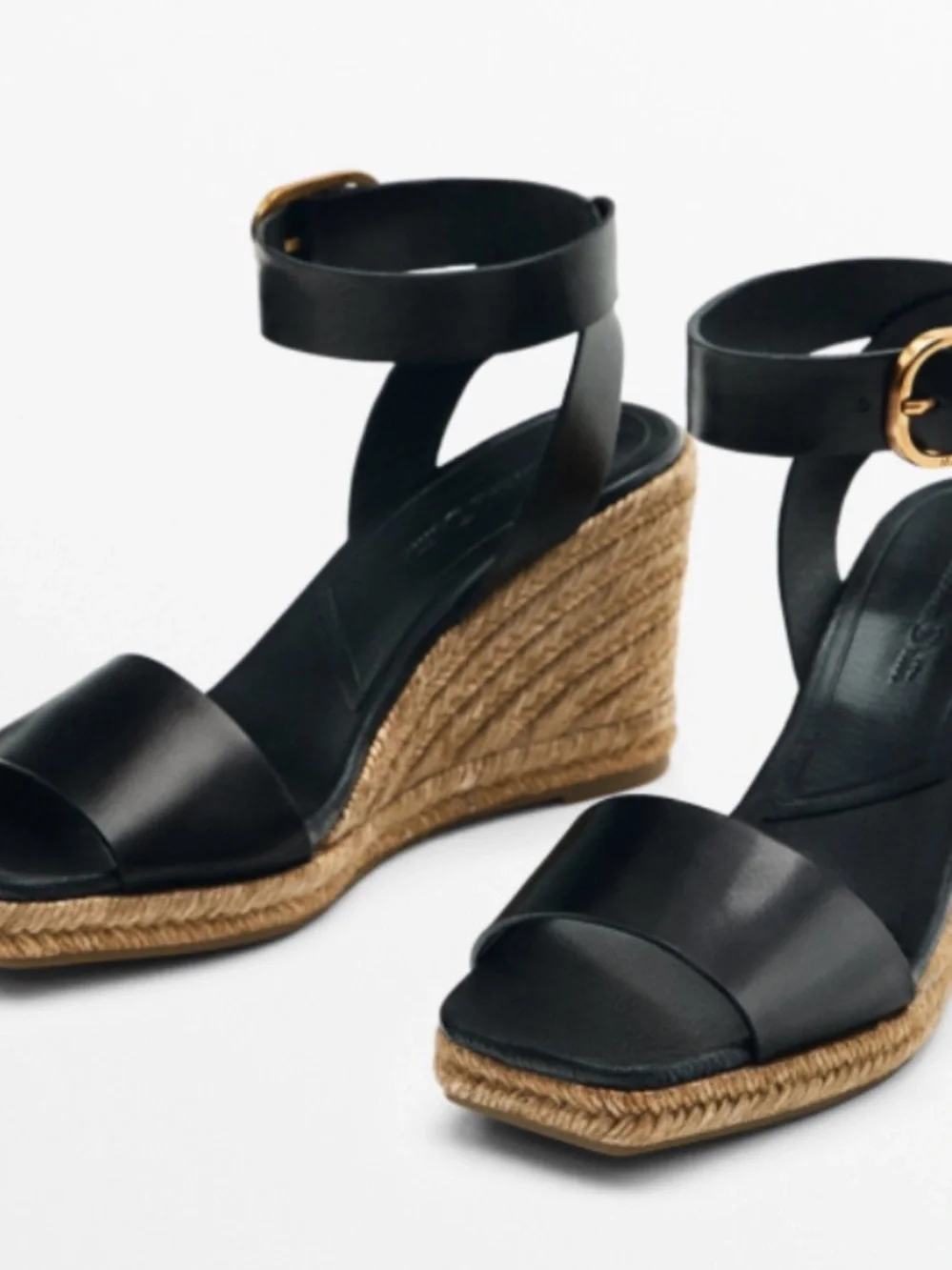 Massimo Dutti Black Leather Espadrille Wedges with Jute  size 10